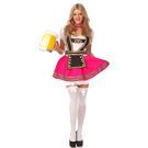 Womens pink Oktoberfest dirndl costume with white bodice and black apron panel