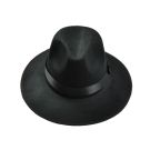 Adult black felt gangster fedora hat with satin ribbon band, front view