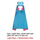 Kids reversible superhero cape in turquoise blue and watermelon red satin with Velcro closure
