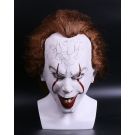 Adult evil clown latex mask with auburn hair and cracked porcelain face design