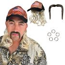 Tiger-stripe trucker cap with attached wavy blonde mullet wig, horseshoe moustache, and 5 gold-tone hoop earrings