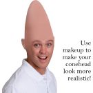 Alien cone head bald cap worn by adult showing open face design and 30cm vertical cone shape