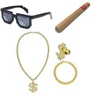 Gold hip-hop bling accessory set with dollar sign necklace bracelet ring and pixelated sunglasses