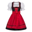 Women's black and red Bavarian dirndl costume with white puff-sleeve blouse