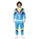 Mens 80s shell suit costume in aqua blue with yellow and purple panels
