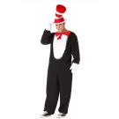 Adult storybook cat costume with red and white striped hat and black jumpsuit
