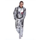 Silver space suit costume showing black harness straps and waist belt detail