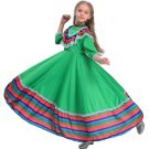 Girls green flamenco dress with rainbow striped ruffles and white lace trim