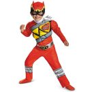 Coloured Heroes costume kids red jumpsuit with Tyrannosaurus chest logo and silver shoulder spike