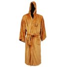 Full-length brown fleece gown showing hood and front pockets