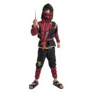 Boys ninja warrior costume with black tunic, burgundy gathered sleeves, integrated hood and face mask
