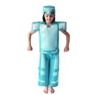 Kids diamond block armour costume with cyan pixel helmet and structured shoulders