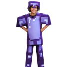 Child wearing purple pixel game character costume with 3D shoulder pieces