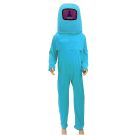 Child wearing light blue Among Us crewmate costume with helmet headpiece and mesh visor