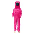 Kids hot pink space crewmate jumpsuit costume with integrated hood and mesh visor panel