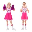 Girls hot pink cheerleader costume dress with white chevron stripes and pompoms