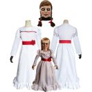 Womens Haunted Porcelain Doll horror doll costume with white Victorian dress and latex mask
