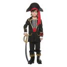 Kids Caribbean pirate captain costume with tricorn hat and black coat with gold trim