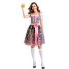 Womens pink Bavarian beer maid costume with black polka-dot dirndl dress and white off-shoulder blouse