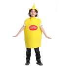 Kids yellow mustard bottle costume tunic with red label and pointed cap