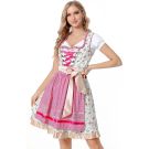 Pink floral Bavarian dirndl costume with white puffed sleeves and gingham apron