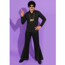 Mens disco costume with black glitter shirt and flared trousers