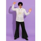 Mens 70s disco costume with silver sequin shirt and black flared trousers