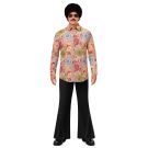 Mens 70s disco costume with psychedelic print shirt and sequined bell-bottoms
