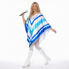 Adult 70s disco poncho costume with blue chevron stripes and white piping trim, front view
