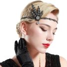 Adult Gatsby headband with silver rhinestones and dangling teardrop jewel on forehead