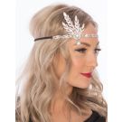 Art Deco 1920s crystal headpiece with silver leaf motif and teardrop pendant on white background