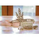 Art Deco gold headband with feather-leaf crystal centerpiece and triple-pearl tassel drop