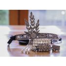 1920s Art Deco flapper headband with gunmetal leaf spray and pearl drop tassel
