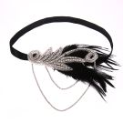 Adult 1920s flapper headband with black feathers and Art Deco rhinestone ornament on elastic band