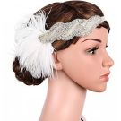 Women's 1920s white feather flapper headband with rhinestone band side view