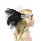 Close-up of silver rhinestone Art Deco embroidery on vintage flapper headband