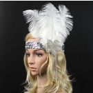 White feather headband with rhinestone beaded appliqué and silver chain fringe for Gatsby costume