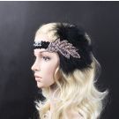Adult 1920s flapper headband with black sequined band and rose gold rhinestone art deco appliqué