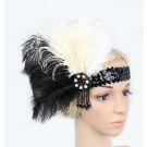 Black and cream ostrich feather flapper headband with Art Deco jeweled centerpiece
