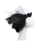 Art Deco flapper headband with asymmetric feather cluster and black mesh veil for roaring twenties costume