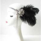 Black feather 1920s headband with Art Deco rhinestone brooch and pearl cluster