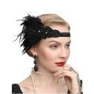 Adult woman wearing black feather flapper headpiece with drop earrings