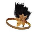 Gold sequined 1920s flapper headband with black feather plume and Art Deco beaded appliqué
