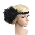 Adult 1920s black feather headband with peacock feather cluster and beaded elastic band