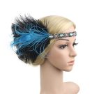 Blue and black feather fascinator on beaded elastic headband with rhinestone embellishments for 1920s flapper costume
