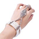 1920s Gatsby hand jewelry showing bracelet-to-ring chain connection