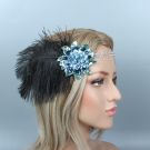 Black feather flapper headband with blue sequin appliqué and rhinestone elastic band