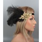 Gold sequined flapper headband with black ostrich feather plume