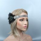 Silver glitter flapper headband with black feathers and peacock eye on blonde model