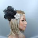 Silver rhinestone 1920s flapper headband with black ostrich feather plume